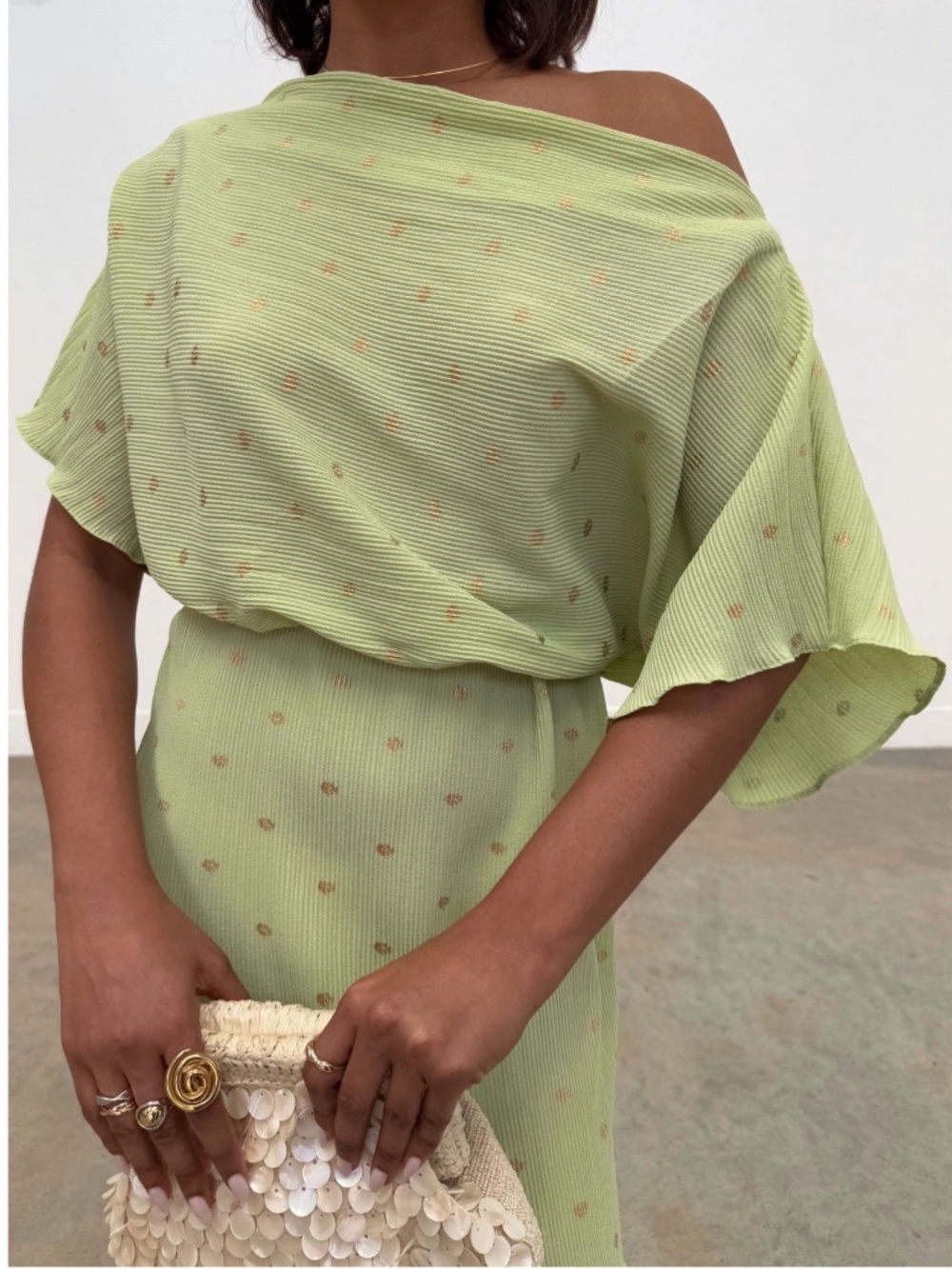 NEW Never Fully Dressed Tilly Metallic Plisse Maxi Dress in Pistachio Sz XS - Picture 4 of 6